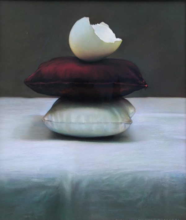 Still Life Egg on a Red and White Cushion