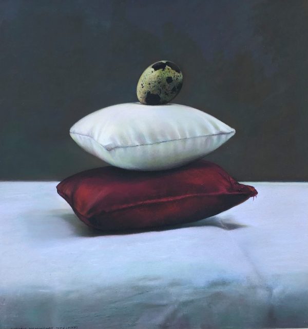 Still Life Quails Egg on a White and Red Cushion