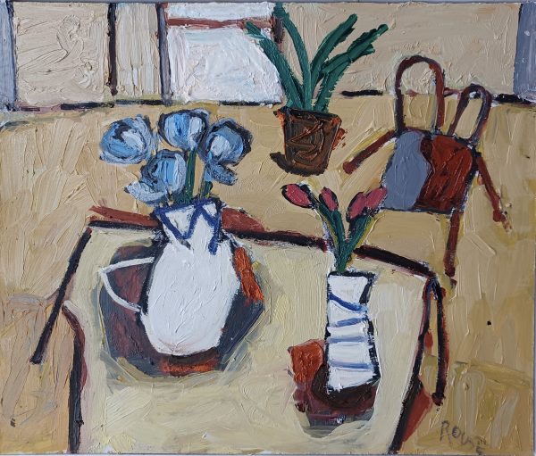 Blue Flowers. White Pot 25x30cms frame 35x41 Annie Rouse